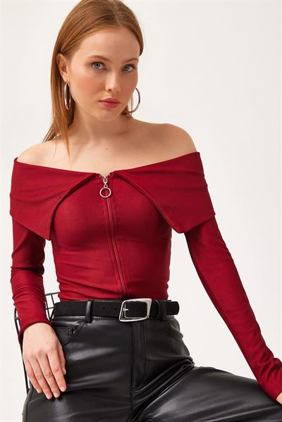  Fermuarlı Yakası Dökümlü Triko Bluz Bordo