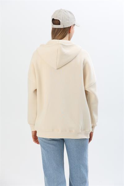 Kapüşonlu Fermuarlı Cepli Oversize Şardonlu Sweatshirt Krem
