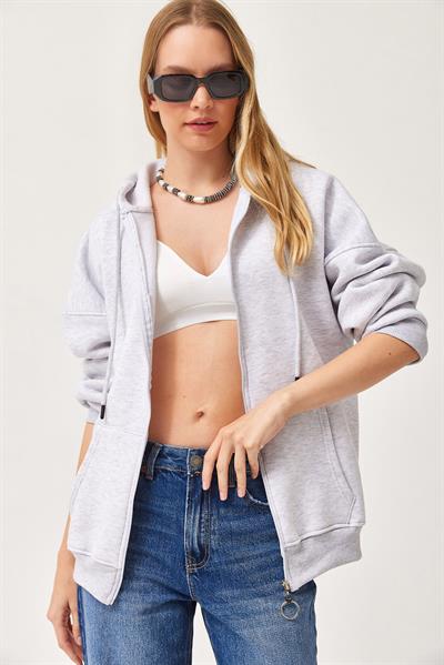  Kapüşonlu Fermuarlı Cepli Oversize Şardonlu Sweatshirt Gri