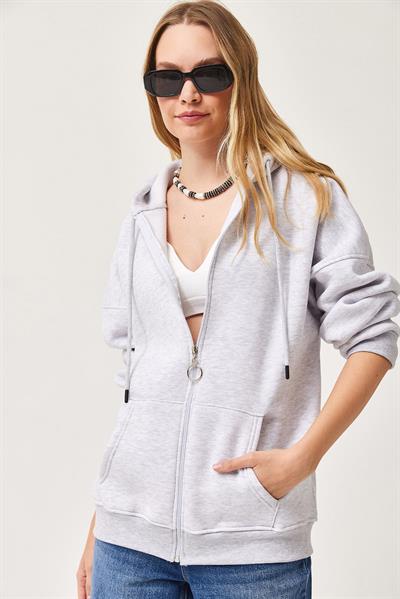  Kapüşonlu Fermuarlı Cepli Oversize Şardonlu Sweatshirt Gri