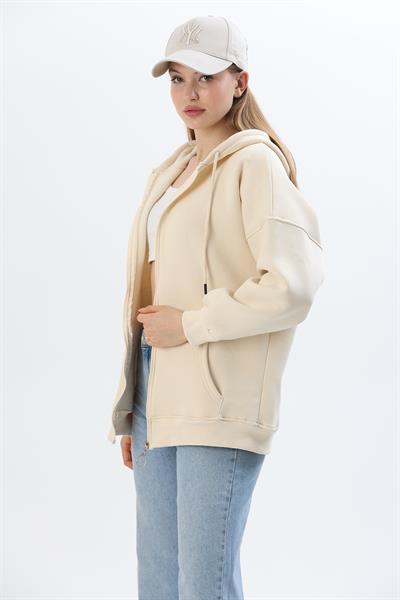 Kapüşonlu Fermuarlı Cepli Oversize Şardonlu Sweatshirt Krem