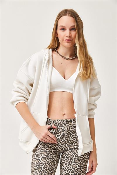  Kapüşonlu Fermuarlı cepli Oversize Şardonlu Sweatshirt Beyaz