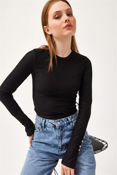  Kolu Düğmeli Bisiklet Yaka Bluz Siyah