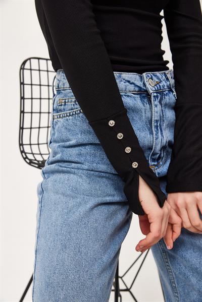  Kolu Düğmeli Bisiklet Yaka Bluz Siyah