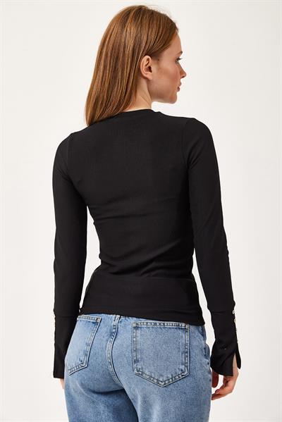  Kolu Düğmeli Bisiklet Yaka Bluz Siyah