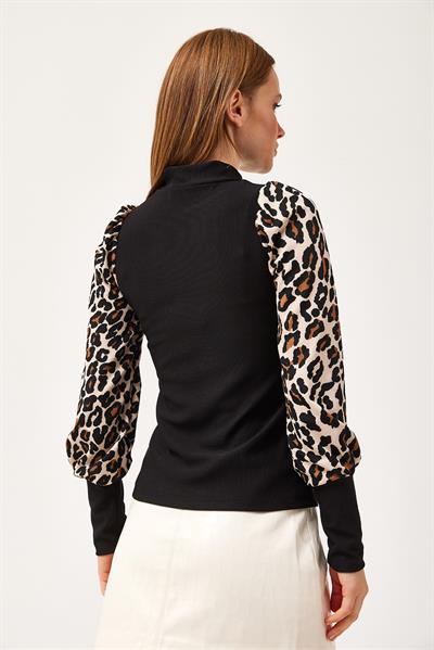  Ottoman Kumaş Leopar Desen Bluz Siyah 