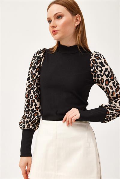  Ottoman Kumaş Leopar Desen Bluz Siyah 