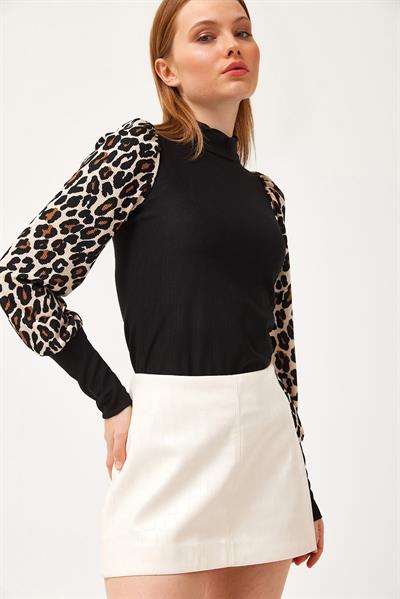  Ottoman Kumaş Leopar Desen Bluz Siyah 