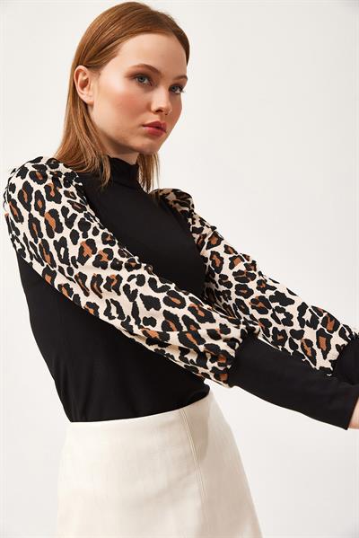  Ottoman Kumaş Leopar Desen Bluz Siyah 