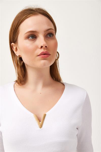  V Yaka Triko Bluz Beyaz