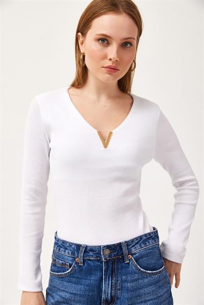  V Yaka Triko Bluz Beyaz