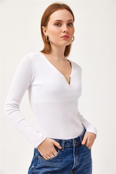  V Yaka Triko Bluz Beyaz