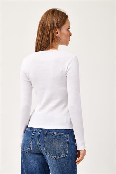  V Yaka Triko Bluz Beyaz