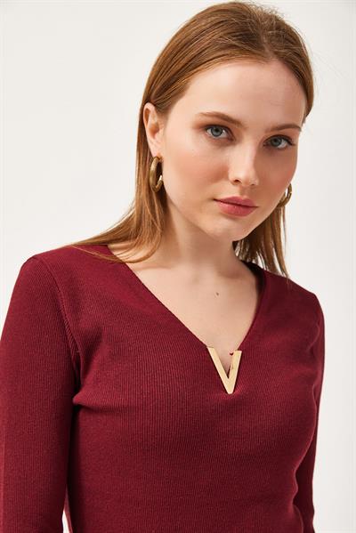  V Yaka Triko Bluz Bordo