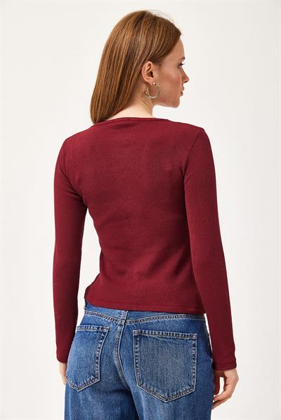  V Yaka Triko Bluz Bordo
