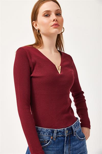  V Yaka Triko Bluz Bordo