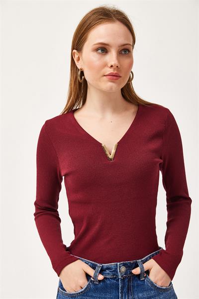  V Yaka Triko Bluz Bordo