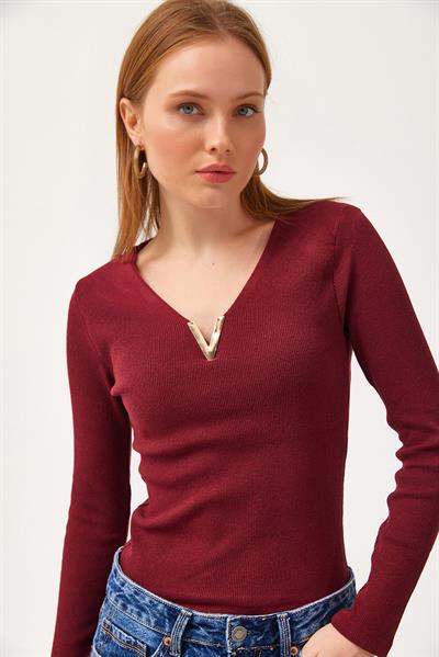  V Yaka Triko Bluz Bordo