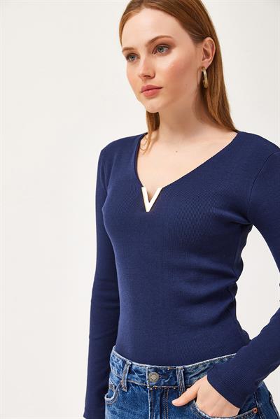  V Yaka Triko Bluz Lacivert