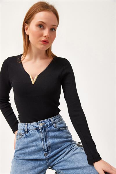  V Yaka Triko Bluz Siyah