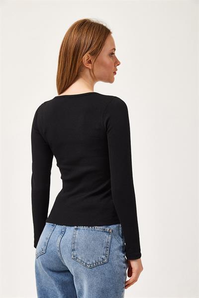  V Yaka Triko Bluz Siyah