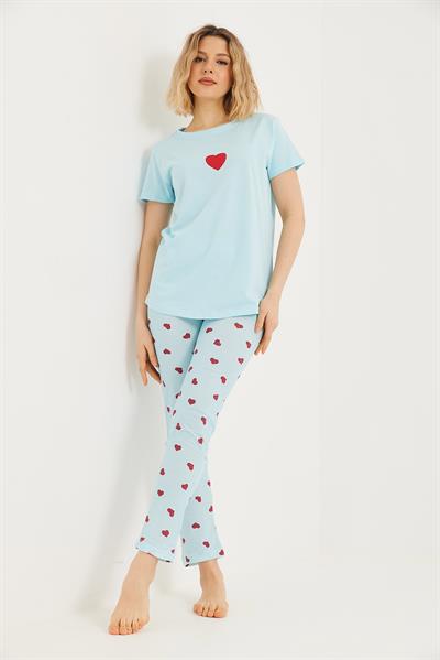 Baskılı Kısa Kol Pijama Takım Mavi