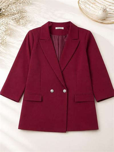 Kadın Kruvaze Yaka Çift Düğmeli Blazer Ceket Bordo