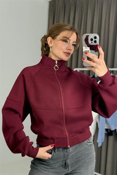 Kadın Fermuarlı Dikiş Detaylı Sweat Bordo