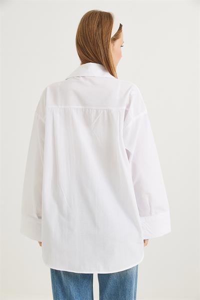 Kalp Nakışlı  Oversize Basic Gömlek Beyaz
