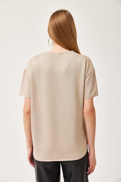 Oysh Yumuşak Dokulu Eteği Oval Modal Tshirt Bej