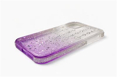 İphone 14 Uyumlu Şeffaf ve Mor Geçişli Kalp-Yıldız Taşlı Kılıf