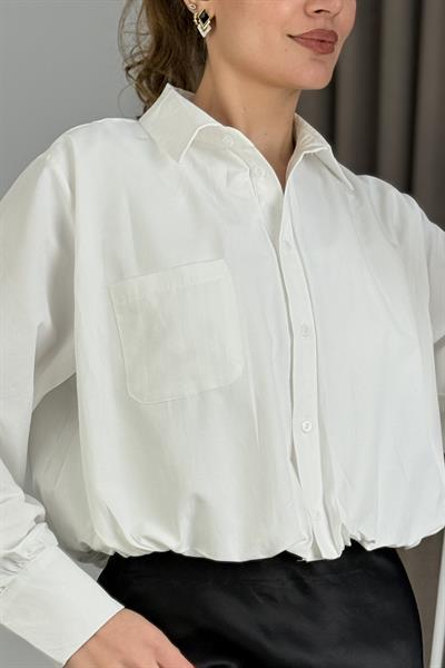 Kadın Balon Model Crop Şık Gömlek Beyaz