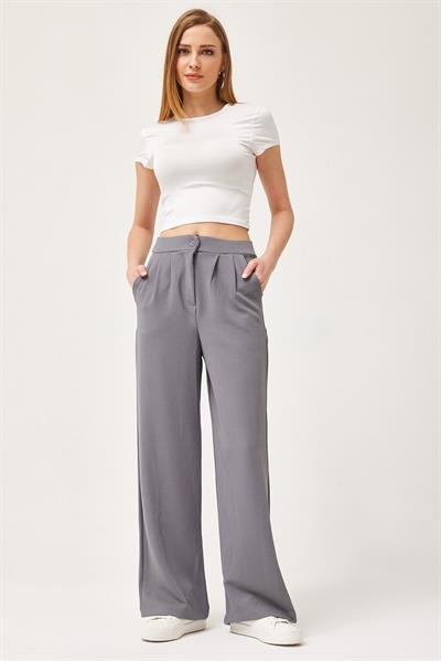 Yüksek Bel Cepli Palazzo Pantolon Gri