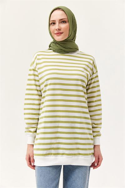 Çizgili Oversize Tunik Açık Yeşil