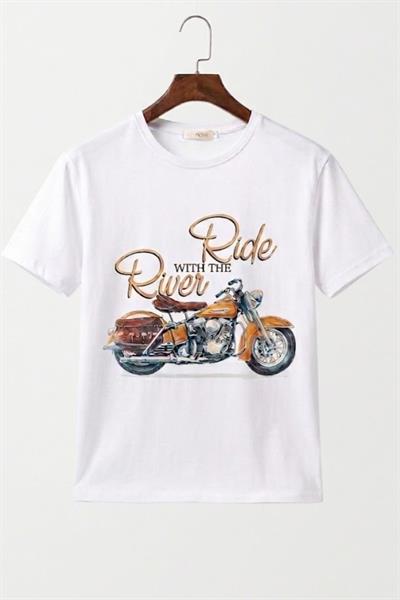 Kadın Bisiklet Yaka Motor Baskılı Tshirt Beyaz