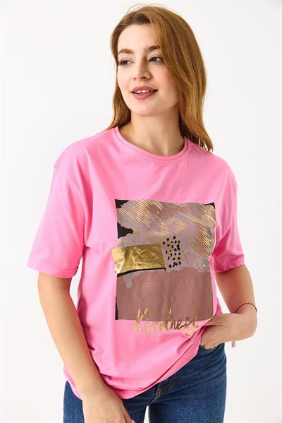 Kadın Parlak Baskılı Bisiklet Yaka Tshirt Pembe