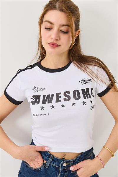 Bisiklet Yaka Baskılı Crop Tshirt Beyaz