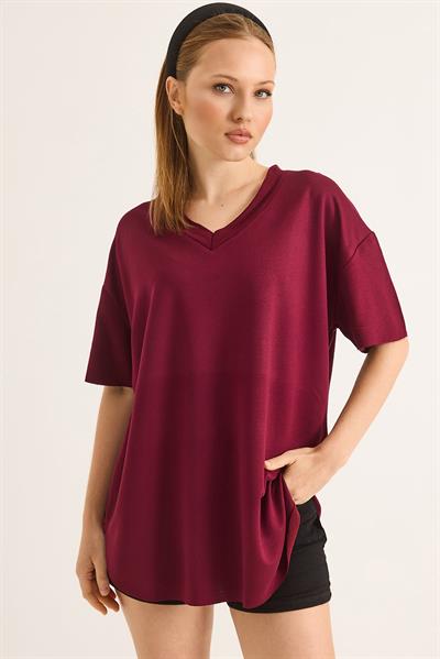 V Yaka Arkası Uzun Basic Tshirt Bordo