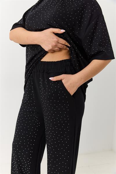 Kadın Taş Detaylı Oversize Eşofman Takım Siyah