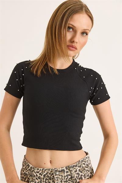 Regular Taş Detaylı Ottoman Crop Bluz Siyah