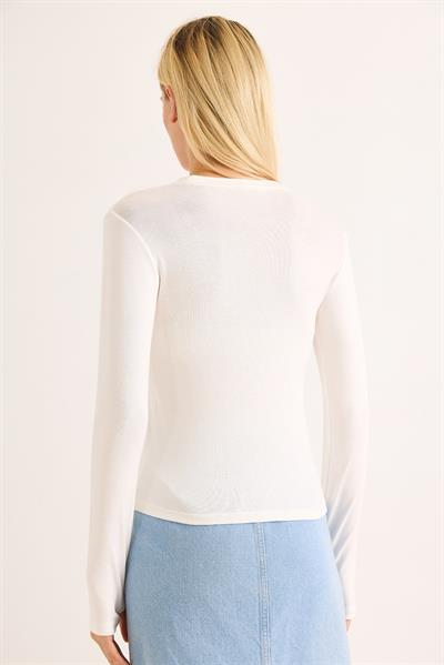 Kadın Parmak Geçirmeli Uzun Kollu Düz BLuz Beyaz