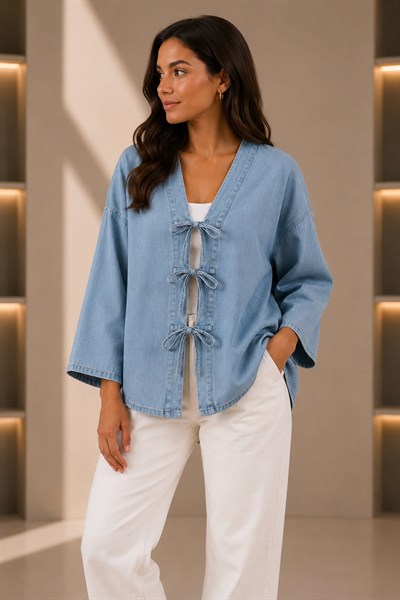 Kadın Oversize Önden Bağlamalı Kot Kimono Mavi