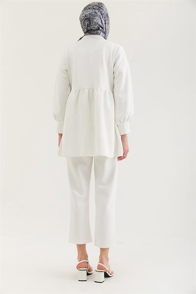 Taş Düğmeli Scuba İkili Takım Beyaz