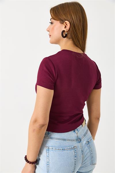 Kadın Kısa Kollu Kırmızı Kalp Baskılı Bordo
