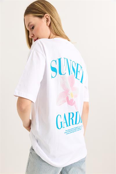 Ön Arka Baskılı Bisiklet Yaka Tshirt Beyaz