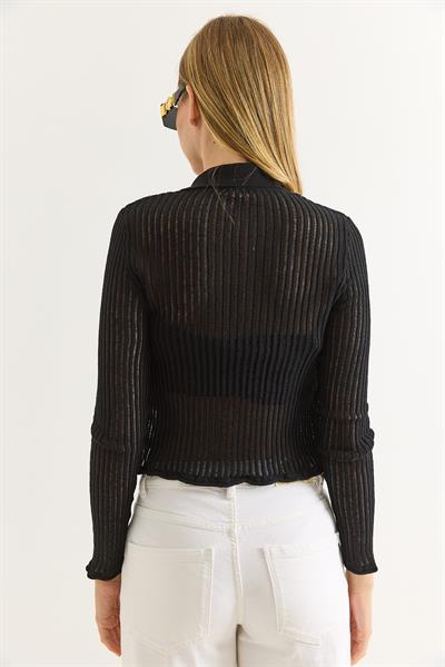 Polo Yaka Yazlık Triko Hırka Siyah