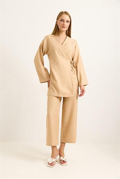 Yandan Bağlamalı Kimono Pantolon İkili Takım Vizon