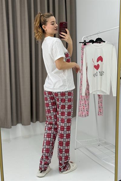 Bisiklet Yaka Beli Lastikli Pijama Takım Kırmızı