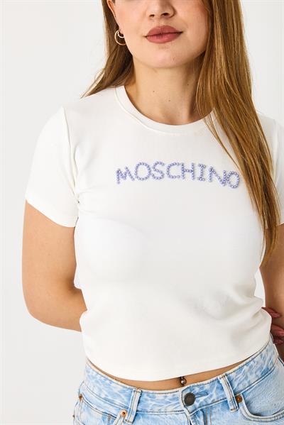 Kadın Taş Baskı Detaylı Crop Bluz Beyaz