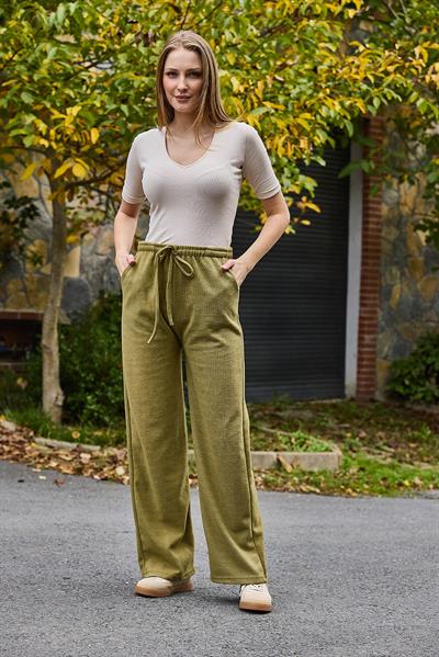 Kadın Selanik Yüksel Bel Esnek ve Dökümlü Triko Pantalon Yeşil